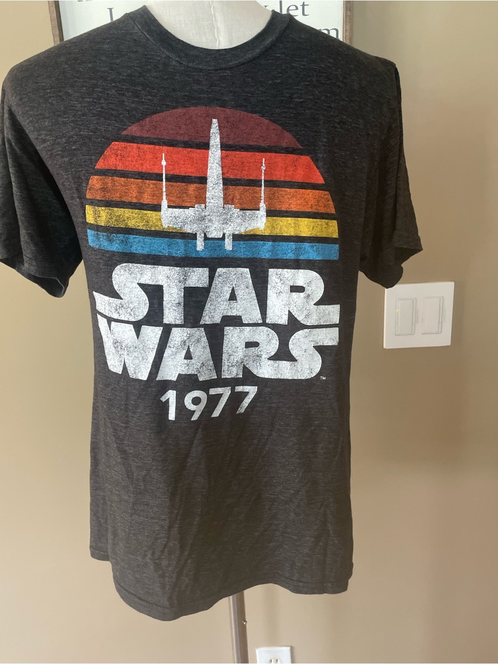 Star Wars Black Tee with Retro Rainbow Stripes 1977